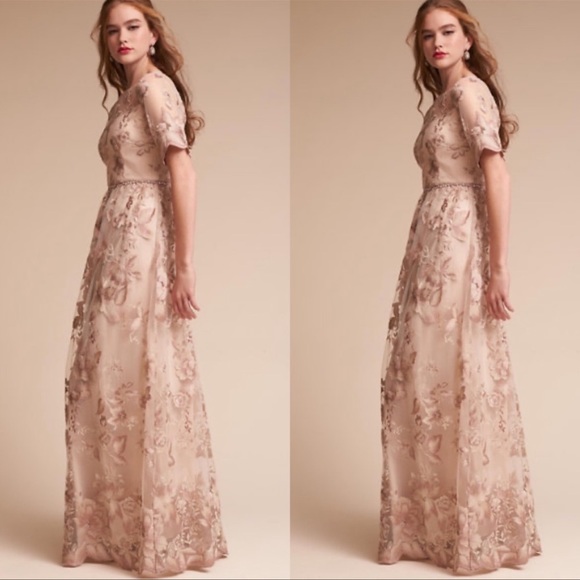 BHLDN Adrianna Papell Guilia thunder cloud elbow sleeves long dress - Picture 2 of 13
